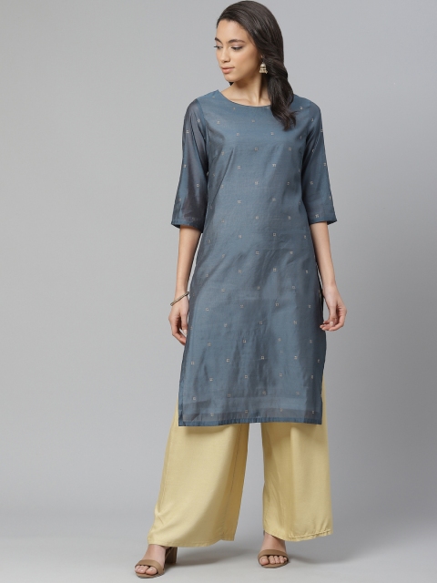 

W Women Blue & Golden Printed Straight Kurta