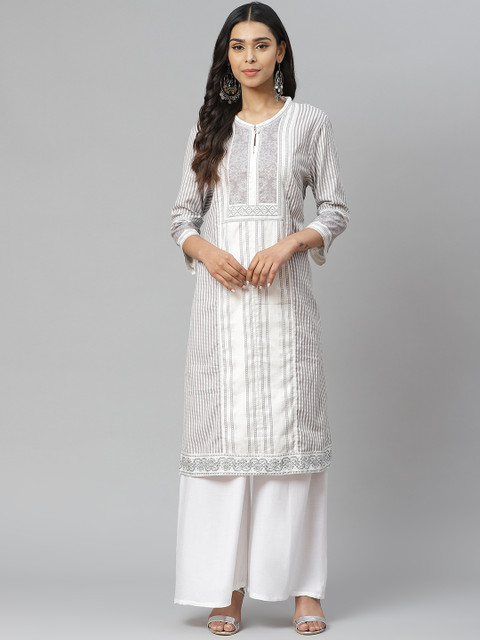 

W Women Off White & Grey Striped Straight Kurta