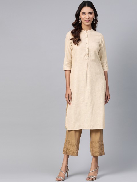 

W Women Beige & Golden Striped Kurta