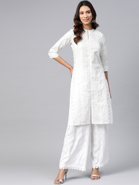 

W Women White & Silver Pure Cotton Geometric Printed Kurta