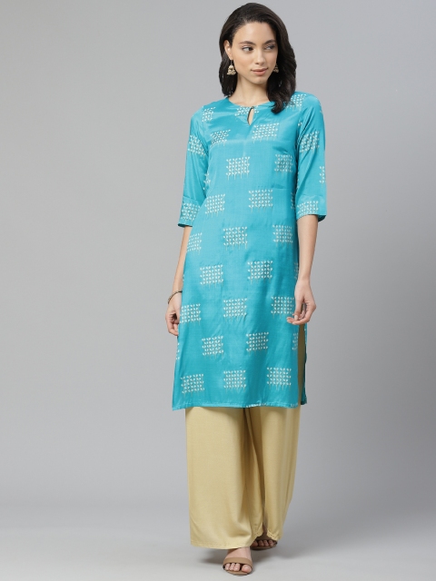 

W Women Blue & Beige Printed Straight Kurta