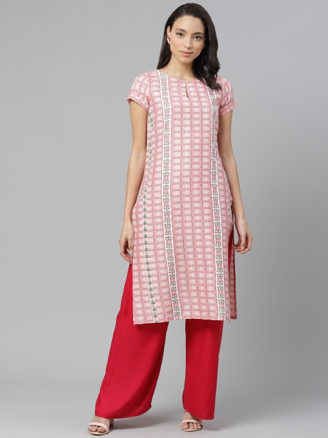 

W Women Pink & White Printed Straight Kurta
