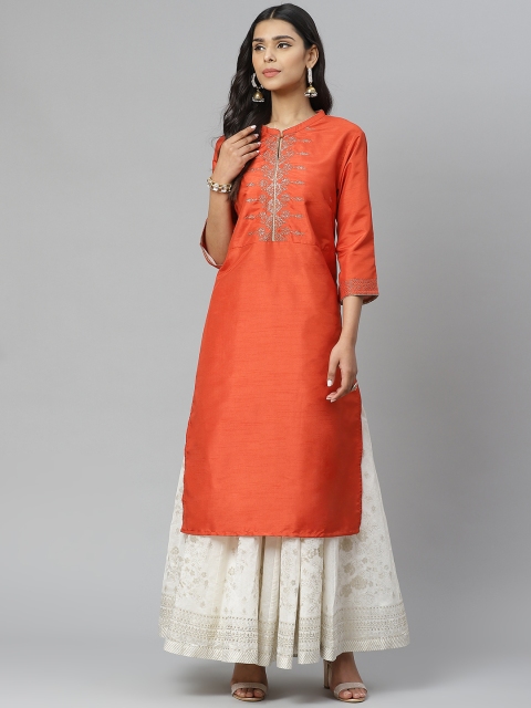 

W Women Orange Ethnic Motifs Yoke Design Thread Work Straight Kurta