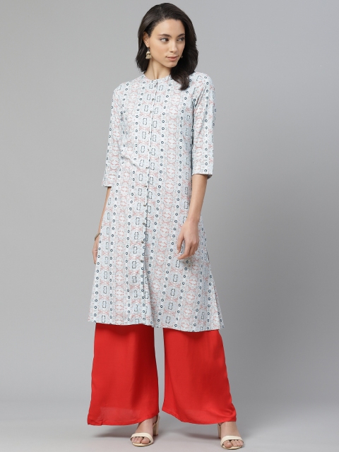 

W Women Blue & Red Printed Straight Kurta