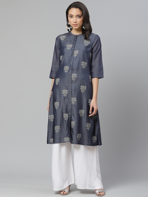 

W Women Navy Blue & Off-White Printed Straight Kurta
