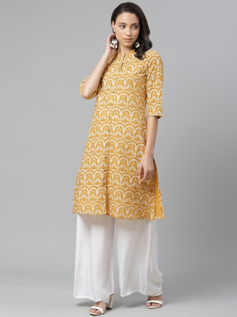 

W Women Mustard Yellow & White Printed A-Line Kurta