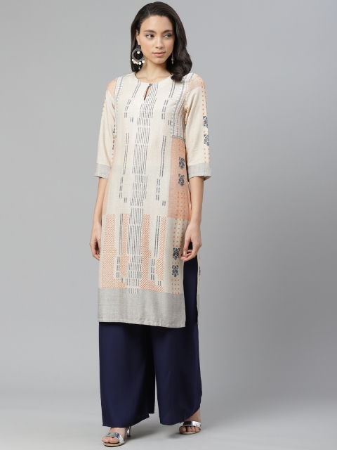 

W Women Grey & Navy Blue Printed Straight Kurta