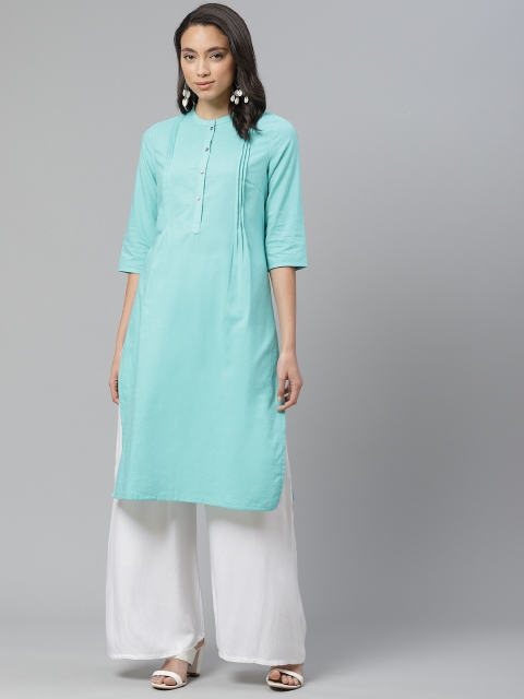 

W Women Blue Pleated Solid Straight Kurta