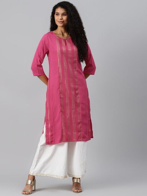 

W Women Pink & Golden Striped Keyhole Neck Straight Kurta