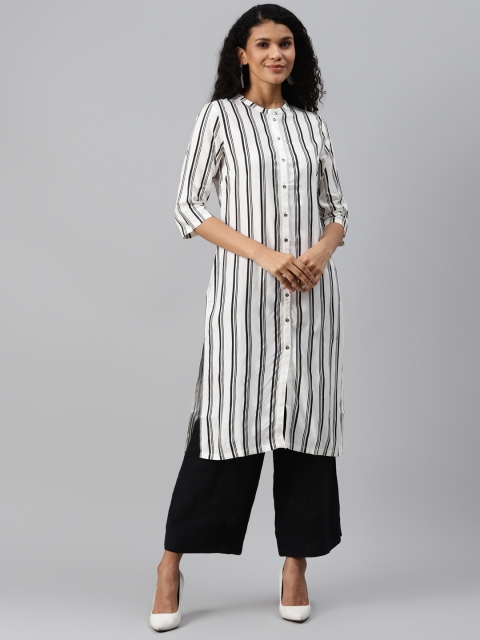 

W Women Off White & Black Striped Straight Kurta