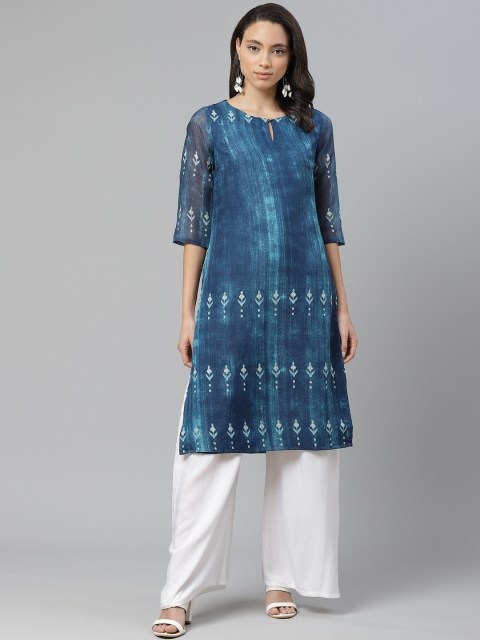 

W Women Blue & Off-White Printed Straight Kurta