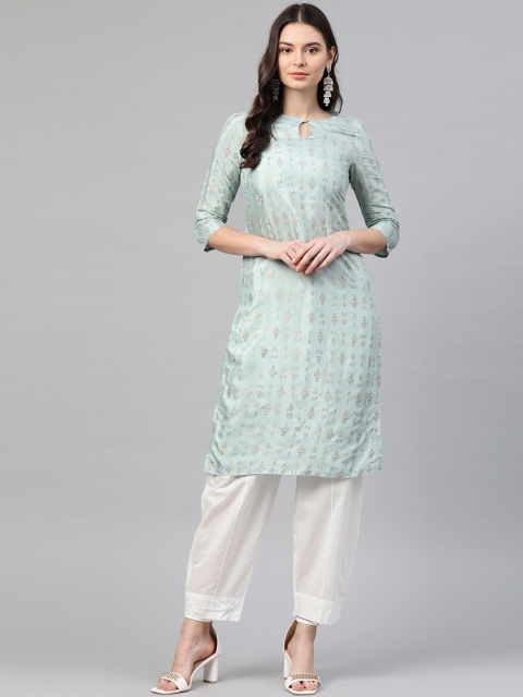 

W Women Sea Green & Golden Foil Print Straight Kurta