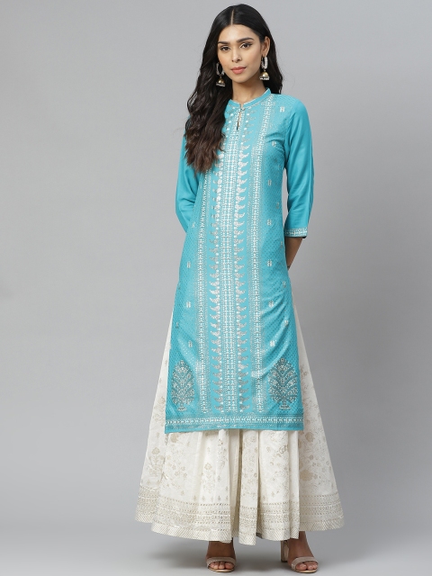 

W Women Blue & Off-White Ethnic Motifs Printed Keyhole Neck Kurta