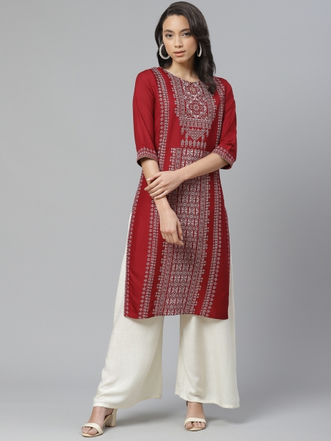 

W Women Maroon & White Printed Straight Kurta