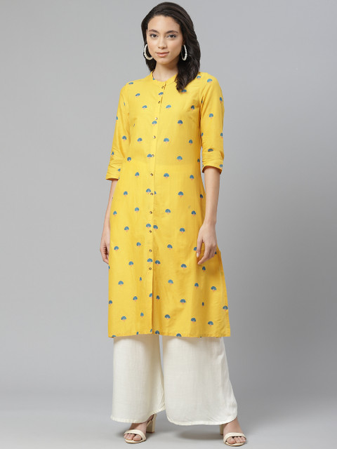 

W Women Mustard Yellow & Blue Pure Cotton Printed A-Line Kurta