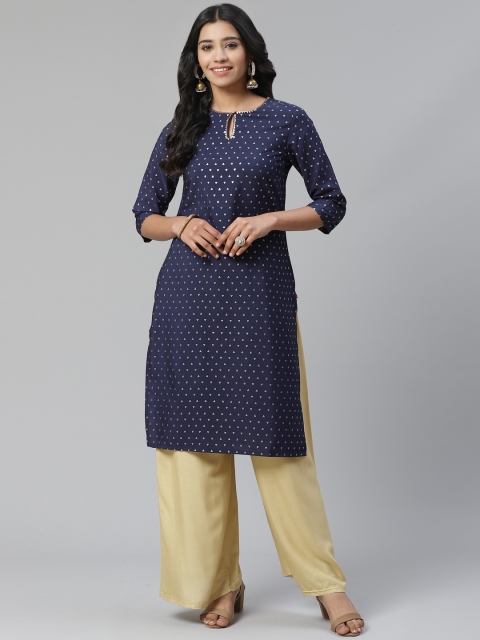

W Women Navy Blue & Golden Foil Print Straight Kurta