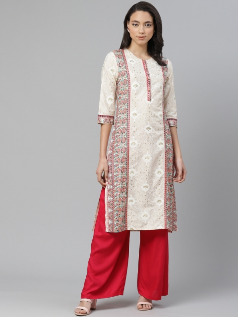 

W Women Off-White & Pink Printed Straight Kurta