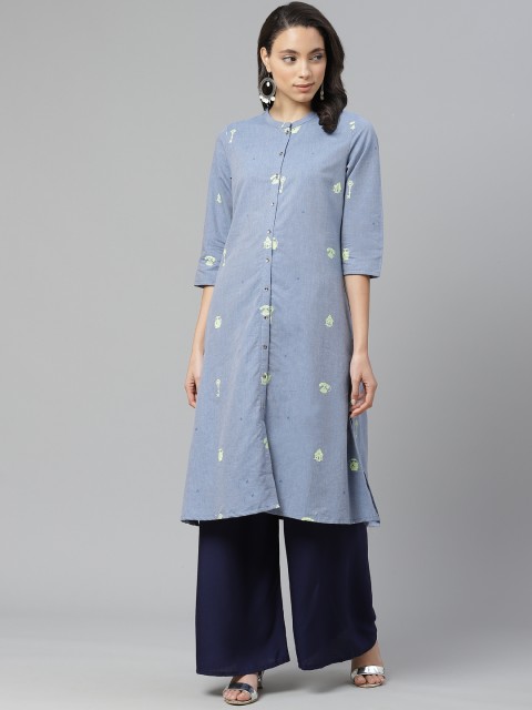 

W Women Blue & Fluorescent Green Printed A-Line Kurta