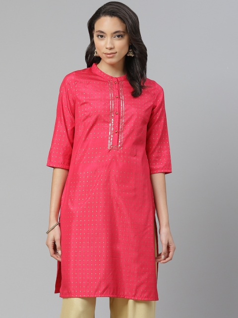 

W Women Pink & Golden Printed Straight Kurta