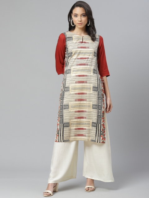 

W Women Beige & Red Printed Straight Kurta