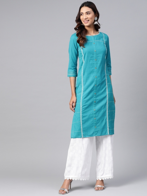 

W Blue & Off-White Embroidered Detail Thread Work Straight Kurta