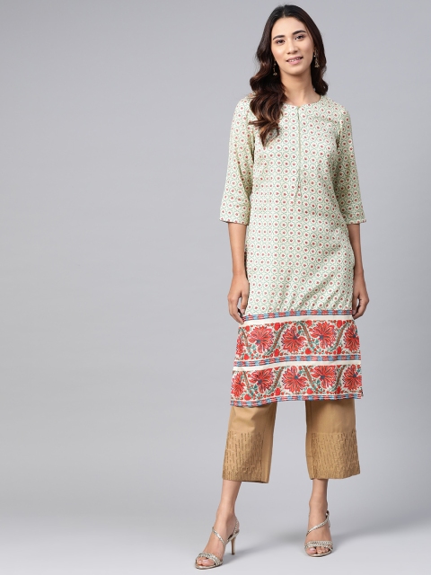 

W Women Cream-Coloured & Green Geometric Printed Kurta