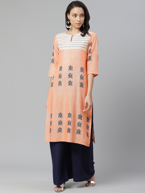 

W Women Peach-Coloured & Navy Blue Printed Straight Kurta