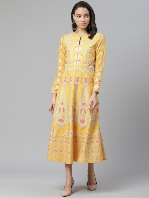 

W Women Mustard Yellow & Pink Printed A-Line Dress