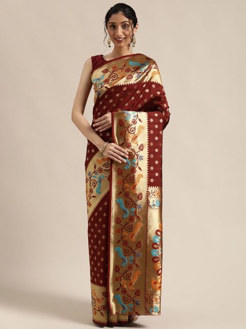 

Mitera Maroon & Gold-Toned Woven Design Kanjeevaram Saree