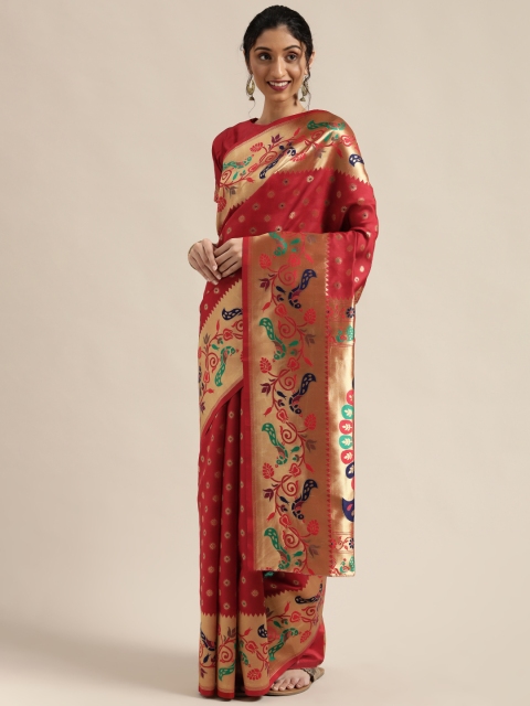 

Mitera Red & Gold-Toned Woven Design Kanjeevaram Saree