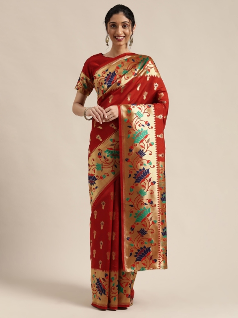 

Mitera Maroon & Gold-Toned Woven Design Kanjeevaram Saree