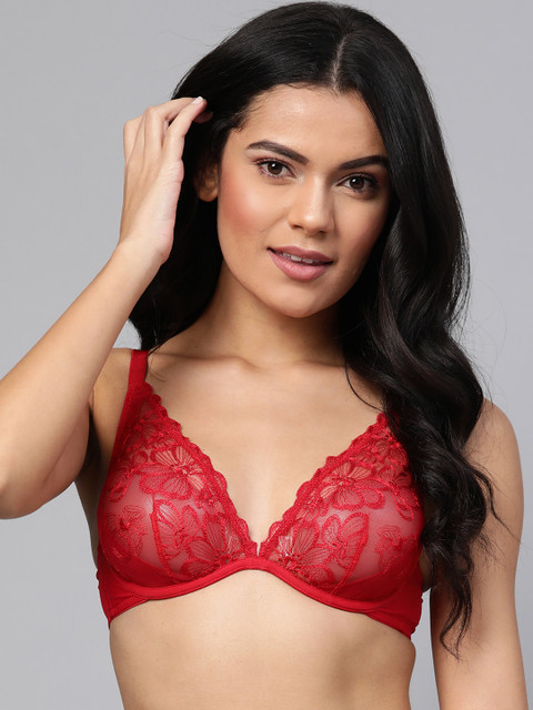 

Marks & Spencer Red Lace Sheer Underwired Non Padded Plunge Bra T332100