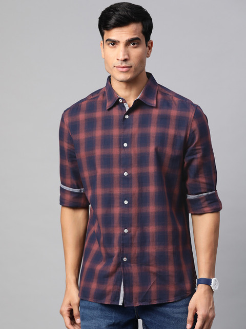 

Marks & Spencer Men Navy Blue & Pink Regular Fit Pure Cotton Checked Casual Shirt