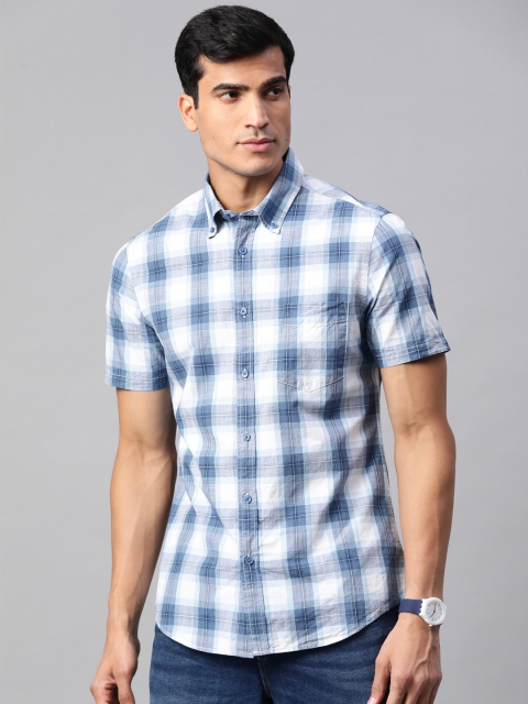 

Marks & Spencer Men Blue & Off-White Pure Cotton Slim Fit Checked Casual Shirt