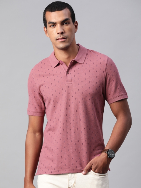 

Marks Spencer Men Pink Blue Slim Fit Printed Pure Cotton Polo Collar Pure Cotton T-shirt