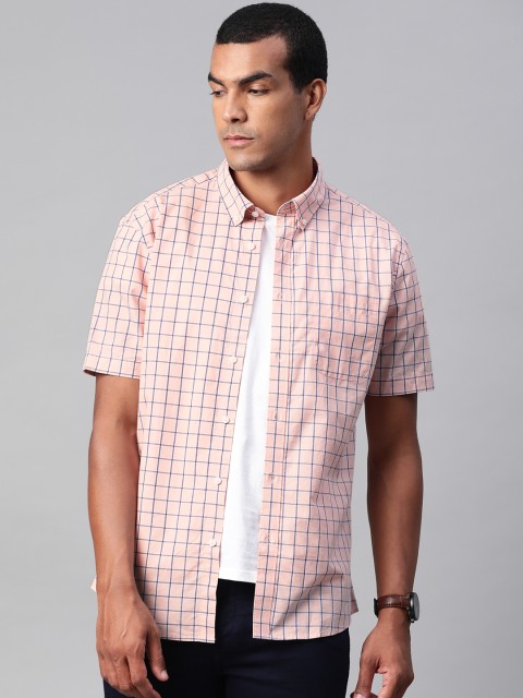 

Marks & Spencer Men Peach-Coloured & Blue Pure Cotton Regular Fit Checked Casual Shirt