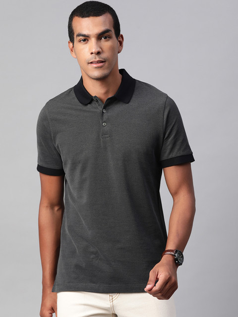 

Marks & Spencer Men Charcoal Grey & Navy Blue Self-Design Pure Cotton Polo Collar T-shirt