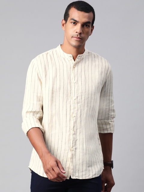 

Marks & Spencer Men Cream-Coloured & Black Regular Fit Striped Linen Casual Shirt