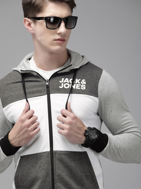 

Jack & Jones Men Grey Melange & White Colourblocked Hooded Sweatshirt