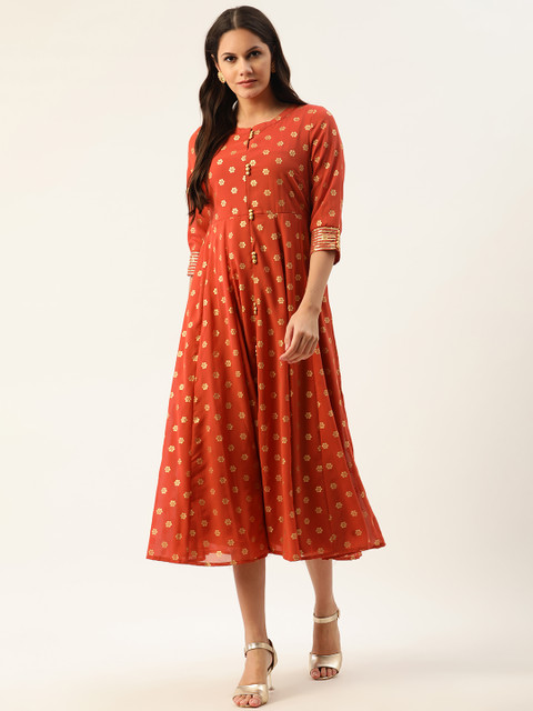 

all about you Women Rust Orange & Golden Ethnic Motifs Ethnic A-Line Midi Dress