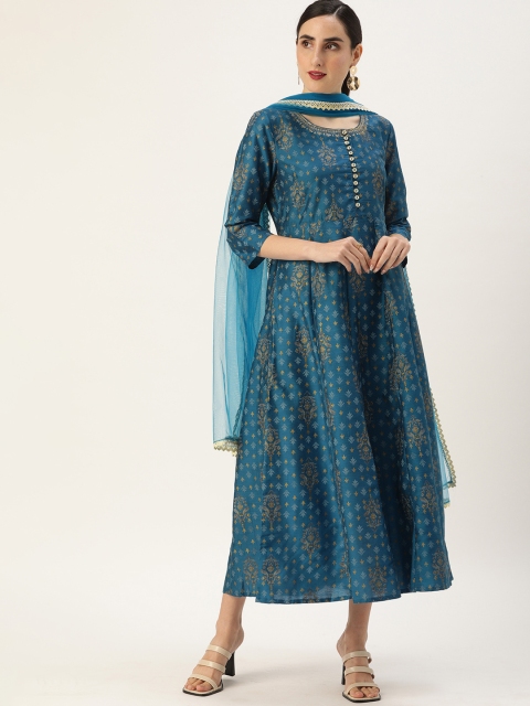 

all about you Women Blue & Orange Printed A-Line Dress With Dupatta