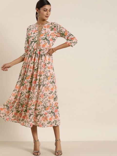 

all about you Women Cream-Coloured & Green Printed Fit and Flare Dress
