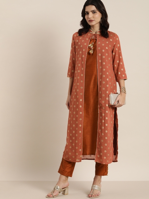 

all about you Women Rust Brown Kurta with Trousers & Foil Printed Jacket