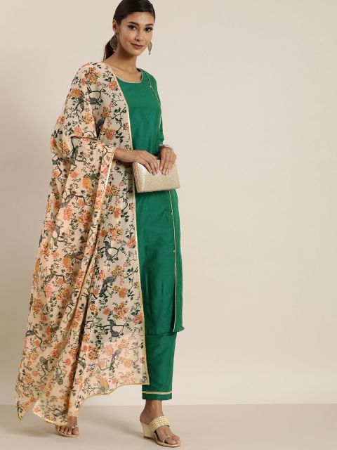 

all about you Women Green Solid Kurta with Trousers & Dupatta