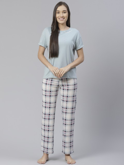 

Marks & Spencer Women Blue & White Pure Cotton Solid Night suit