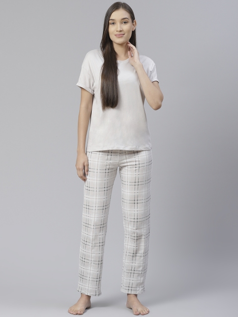

Marks & Spencer Women Grey Melange & White Pure Cotton Solid Night suit