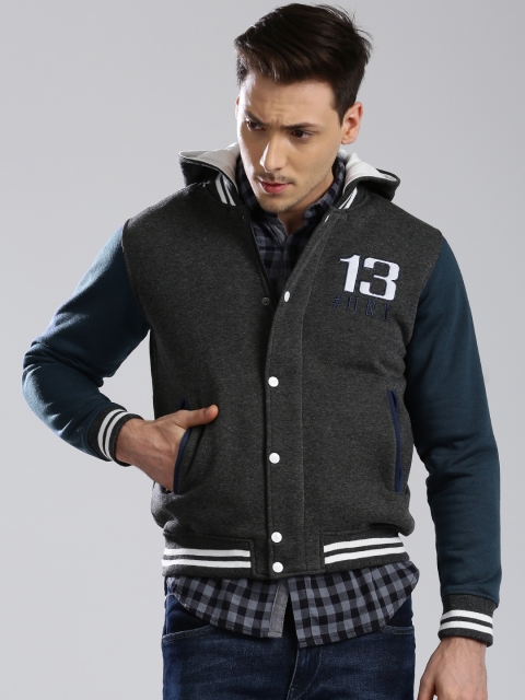 

HRX by Hrithik Roshan Grey & Blue Colourblocked Hooded Jacket