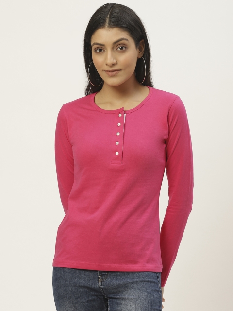 

The Dry State Women Pink Solid Cotton Henley Neck T-shirt