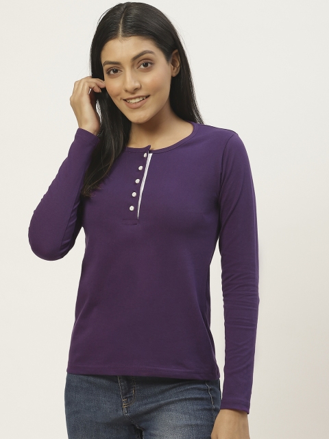 

The Dry State Women Aubergine Solid Cotton Henley Neck T-shirt, Purple