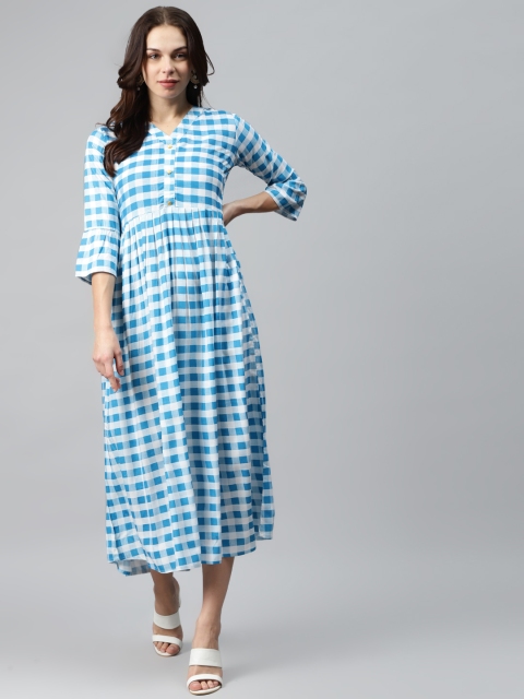

mokshi Women Blue & White Checked High-Low Maxi Dress